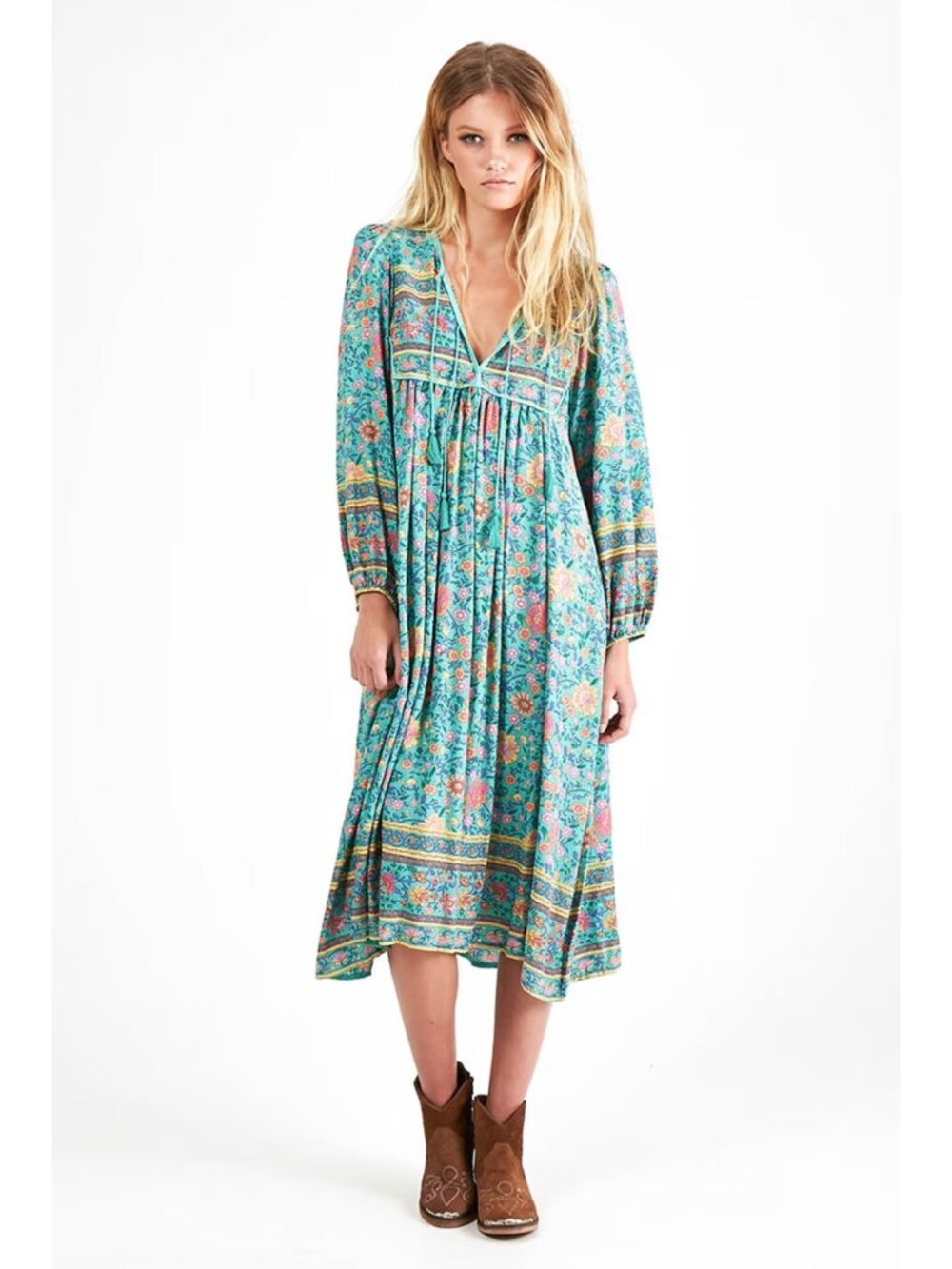 SPELL Folk Town Boho Midi Dress Turquoise Floral Long Sleeve RARE Small